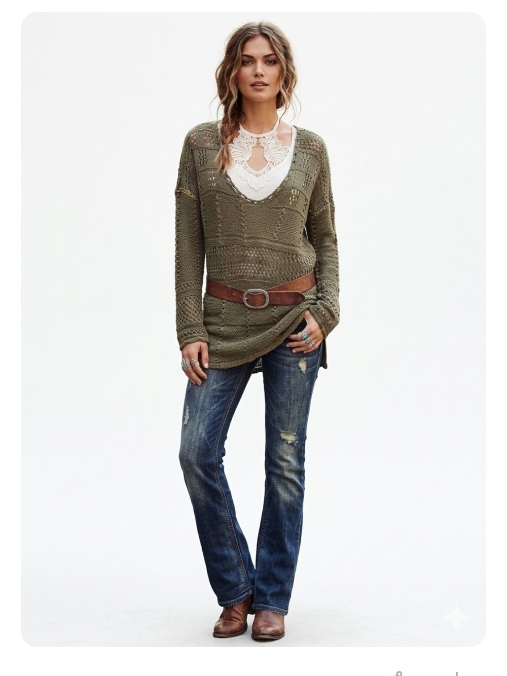 Nwot Free People Moss Olive Crochet Long Bell Tie Sleeves Crochet Sweater Size M